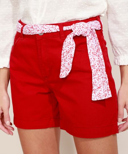 Bermuda-de-Sarja-Feminina-Cintura-Alta-com-Faixa-para-Amarrar-Estampada-Floral-Vermelho-9969117-Vermelho_1