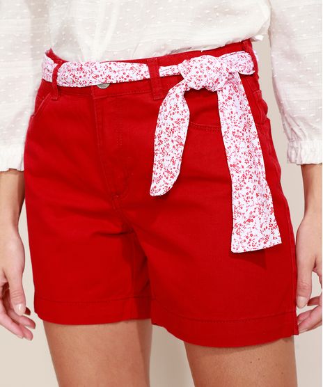 Bermuda-de-Sarja-Feminina-Cintura-Alta-com-Faixa-para-Amarrar-Estampada-Floral-Vermelho-9969117-Vermelho_1