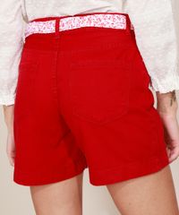 Bermuda-de-Sarja-Feminina-Cintura-Alta-com-Faixa-para-Amarrar-Estampada-Floral-Vermelho-9969117-Vermelho_2