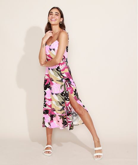 Vestido-Feminino-Midi-Estampado-de-Folhagem-com-Fenda-e-Recorte-Alca-Fina-Multicor-9960995-Multicor_1