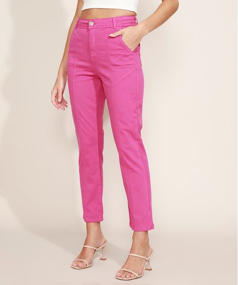 Calca-de-Sarja-Feminina-Reta-Cintura-Alta-com-Recortes-Roxa-9971602-Roxo_1