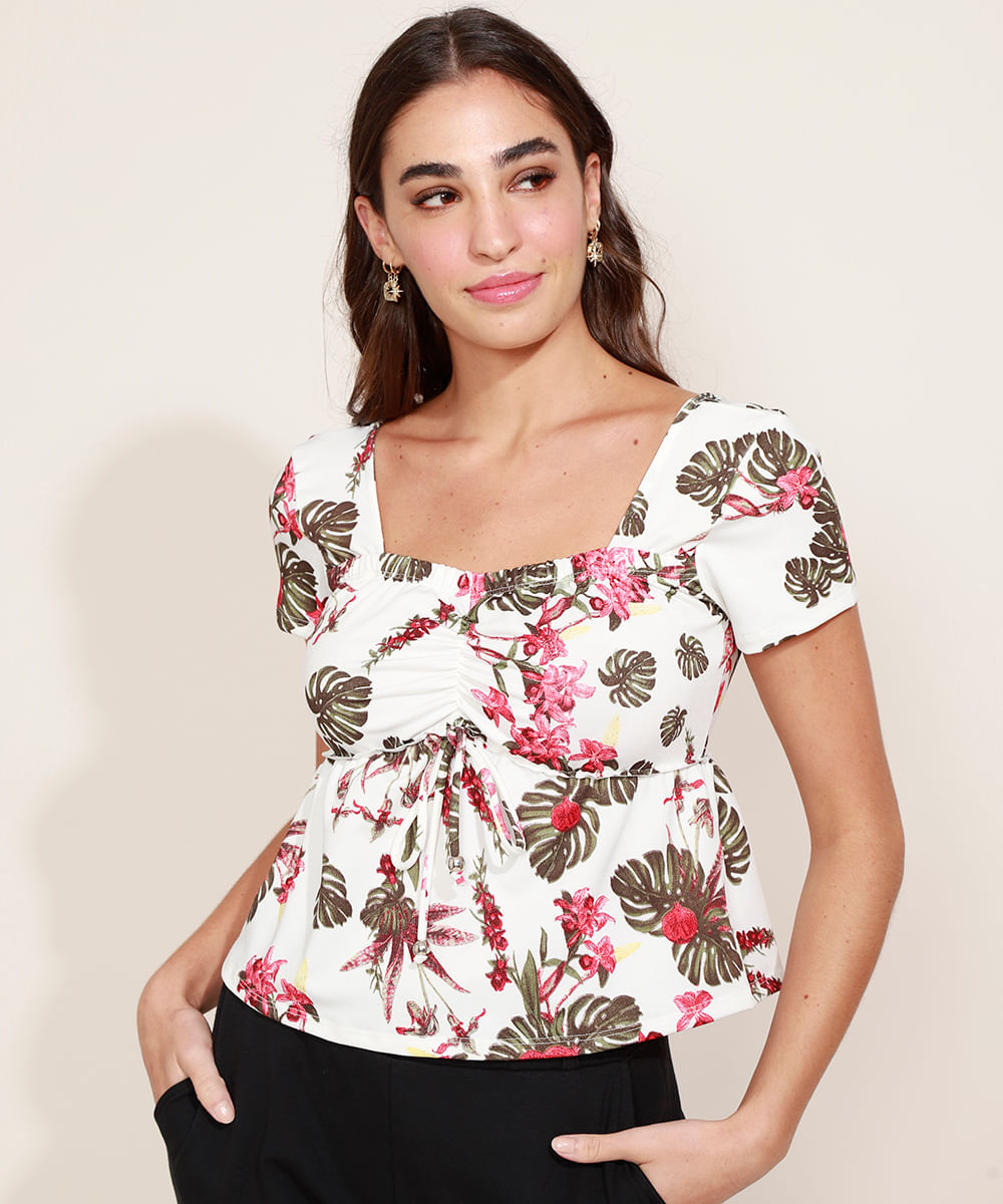 Blusa Feminina Estampada Floral com Franzido e Laço Manga Curta Decote Princesa Off White