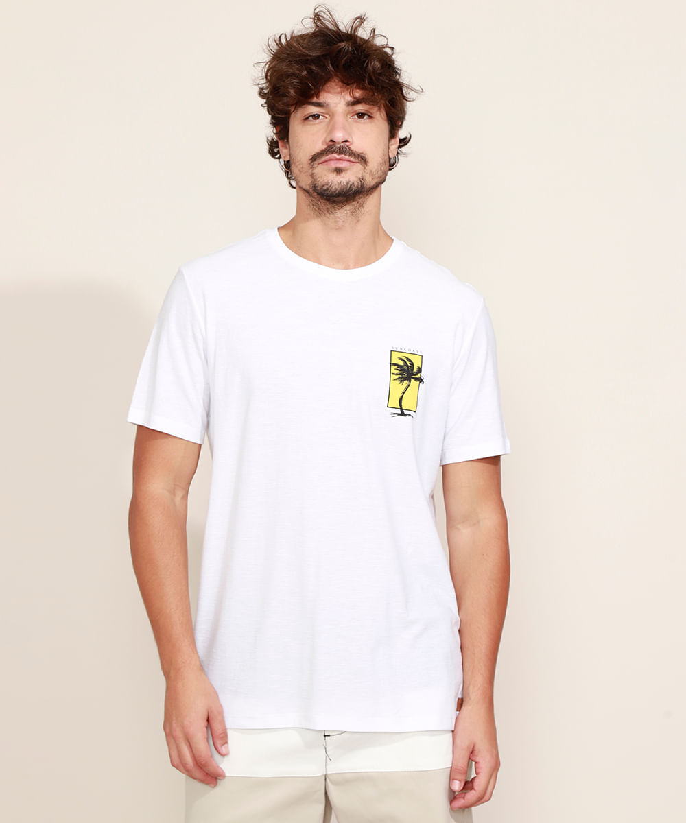 Camiseta Masculina Flamê Praia Maga Curta Gola Careca Branca