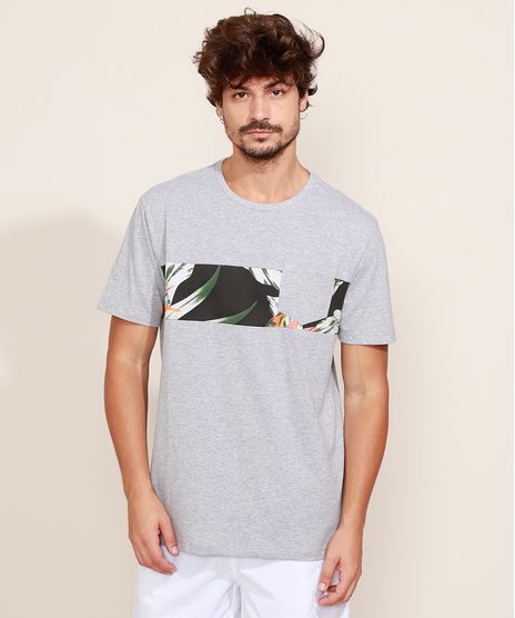 Camiseta-Masculina-Estampada-de-Folhas-Recorte-e-Bolso-Manga-Curta-Gola-Careca-Cinza-Mescla-9970876-Cinza_Mescla_1