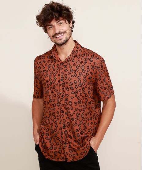 Camisa-Masculina-Estampada-Animal-Print-Onca-Manga-Curta-Gola-Careca-Marrom-9977045-Marrom_1