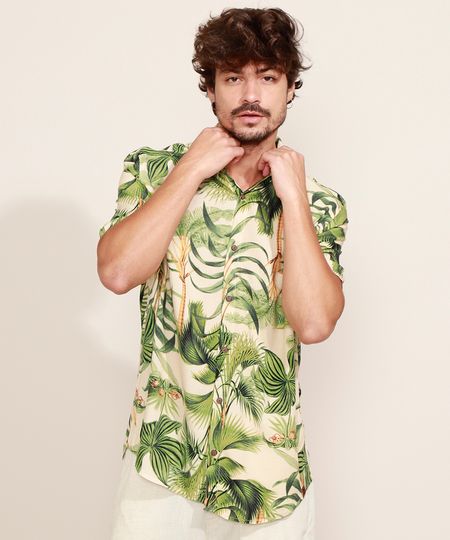 Camisa-Masculina-Estampada-de-Folhagem-Manga-Curta-Bege-9968737-Bege_1
