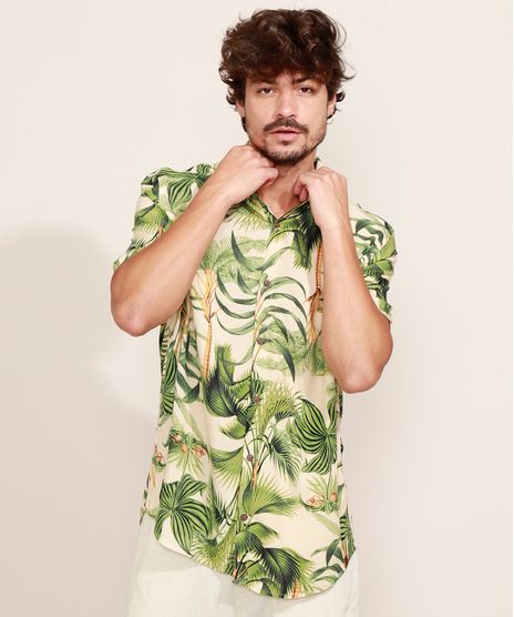 Camisa-Masculina-Estampada-de-Folhagem-Manga-Curta-Bege-9968737-Bege_1