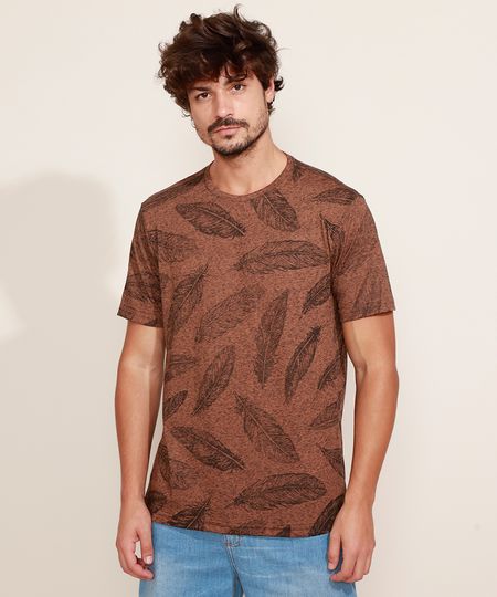 Camiseta-Masculina-Estampada-de-Folhas-Manga-Curta-Gola-Careca-Marrom-9969449-Marrom_1