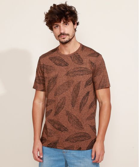 Camiseta-Masculina-Estampada-de-Folhas-Manga-Curta-Gola-Careca-Marrom-9969449-Marrom_1