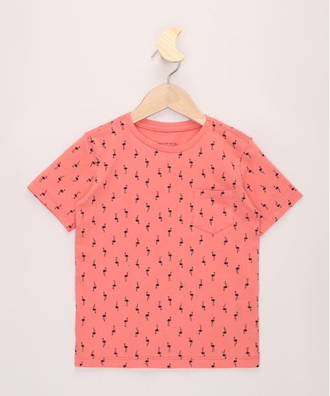 Camiseta-Infantil-Estampada-Mini-Print-de-Flamingos-com-Bolso-Manga-Curta-Coral-9970010-Coral_1