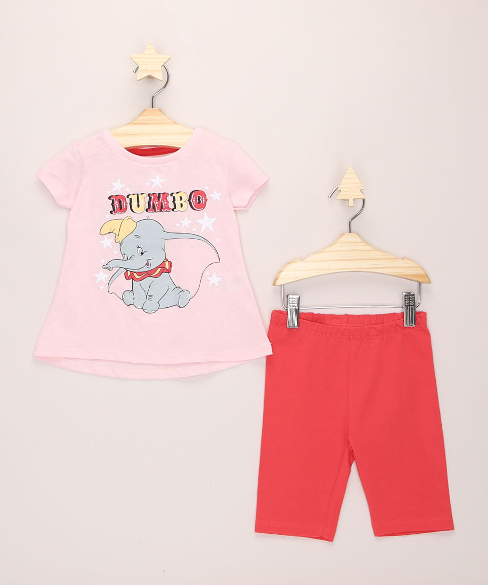 Conjunto Infantil Dumbo de Blusa Manga Curta Rosa Claro + Bermuda Vermelha