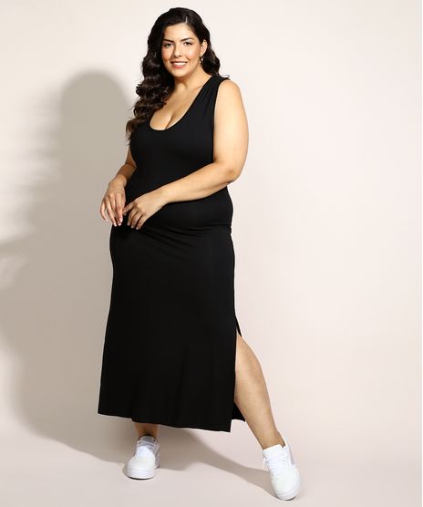 Vestido-Feminino-Plus-Size-Basico-Midi-com-Fenda-Decote-Nadador-Preto-9976208-Preto_1