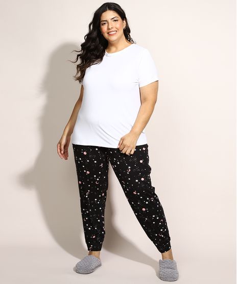 Pijama-Feminino-Plus-Size-com-Estampa-de-Estrelas-Manga-Curta-Preto-1-9971251-Preto_1_1