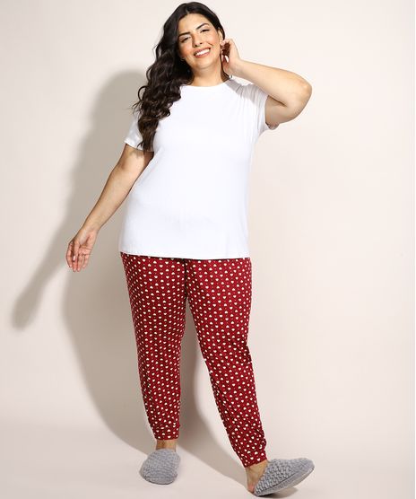 Pijama-Feminino-Plus-Size-com-Estampa-de-Coracoes-Manga-Curta-Vermelho-Escuro-9971251-Vermelho_Escuro_1
