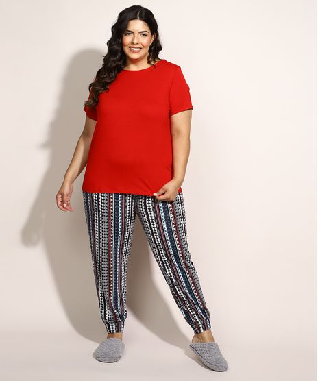 Pijama-Feminino-Plus-Size-com-Estampa-Etnica-Manga-Curta-Multicor-9971251-Multicor_1