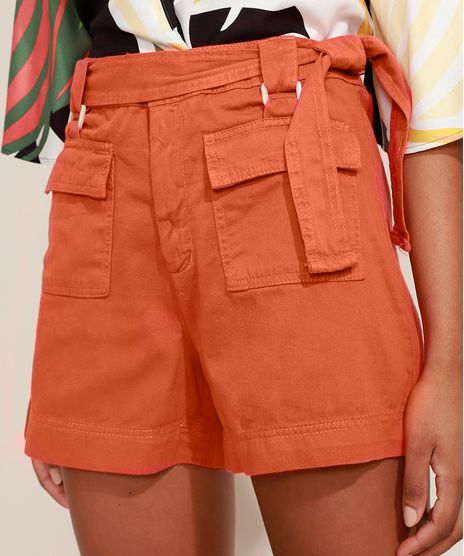 Short-de-Sarja-Feminino-Cintura-Alta-com-Bolsos-Argolas-e-Faixa-Laranja-Escuro-9974795-Laranja_Escuro_1