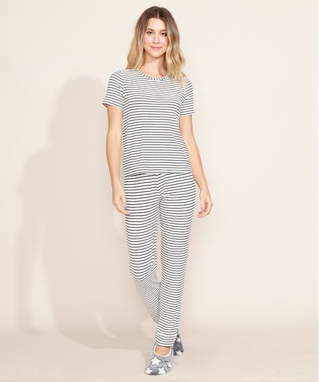 Pijama-Feminino-Listrado-e-Texturizado-Blusa-Manga-Curta-Branco-9973671-Branco_1