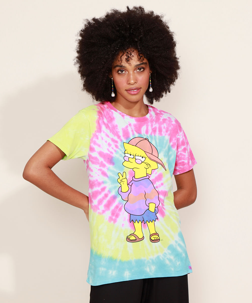 Blusa Feminina Os Simpsons Lisa Estampada Floral Manga Curta Decote Redondo Multicor