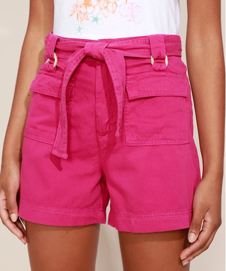 Short-de-Sarja-Feminino-Cintura-Alta-com-Bolsos-Argolas-e-Faixa-Pink-9974796-Pink_1