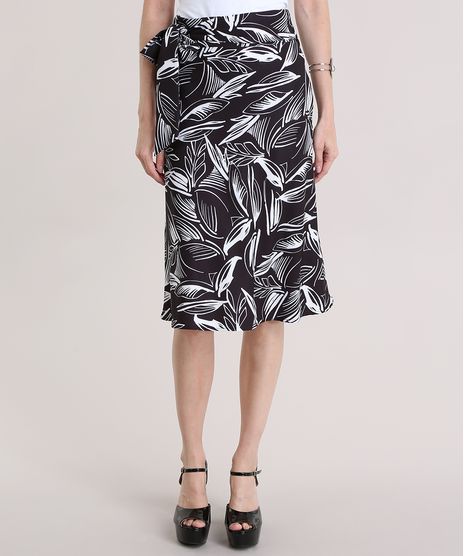 Saia-Evase-Estampada-de-Folhagens-com-Laco-Preta-9018523-Preto_1