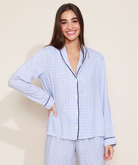 Camisa-de-Pijama-Feminina-Estampada-Xadrez-Vichy-com-Vivo-Contrastante-Manga-Longa-Azul-9954382-Azul_1