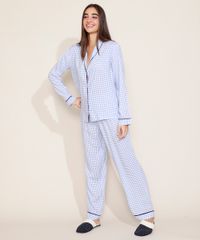 Camisa-de-Pijama-Feminina-Estampada-Xadrez-Vichy-com-Vivo-Contrastante-Manga-Longa-Azul-9954382-Azul_3