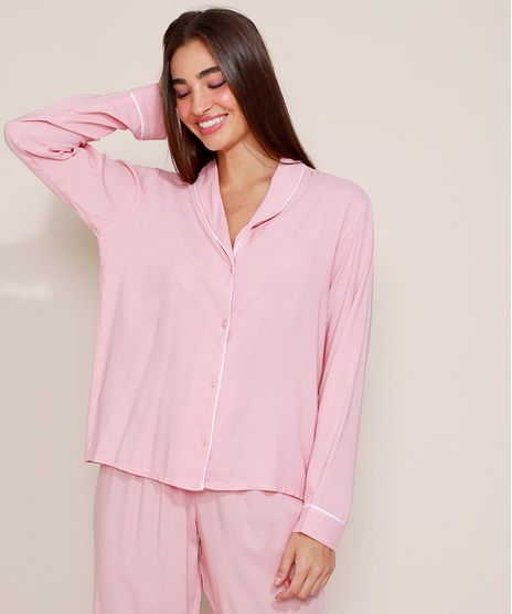 Camisa-de-Pijama-Feminina-com-Vivo-Contrastante-Manga-Longa-Rosa-9954382-Rosa_1