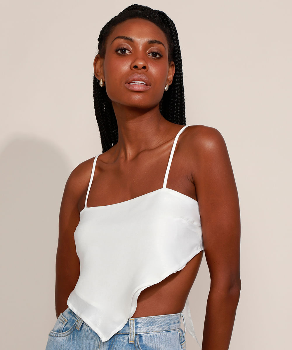 Top Cropped Lenço Feminino Mindset Acetinado Alça Fina Off White