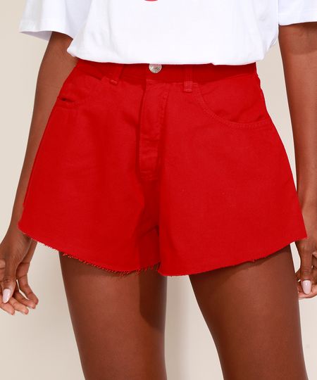 Short de Sarja Feminino Mindset Godê Cintura Alta com Barra a Fio Vermelho - 36 Menor preço em Short de Sarja Feminino Mindset Godê Cintura Alta com Barra a Fio Vermelho - 36