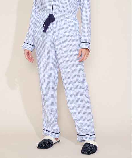 Calca-de-Pijama-Feminina-Estampada-Xadrez-Vichy-com-Vivo-Contrastante-e-Laco-Azul-9975182-Azul_1