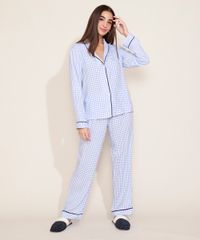 Calca-de-Pijama-Feminina-Estampada-Xadrez-Vichy-com-Vivo-Contrastante-e-Laco-Azul-9975182-Azul_3