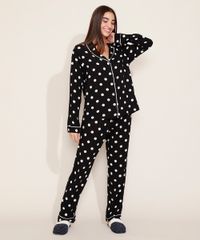 Camisa-de-Pijama-Feminina-Estampada-de-Poa-com-Vivo-Contrastante-Manga-Longa-Preta-9966952-Preto_1