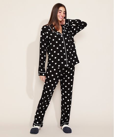 Camisa-de-Pijama-Feminina-Estampada-de-Poa-com-Vivo-Contrastante-Manga-Longa-Preta-9966952-Preto_1