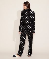 Camisa-de-Pijama-Feminina-Estampada-de-Poa-com-Vivo-Contrastante-Manga-Longa-Preta-9966952-Preto_2