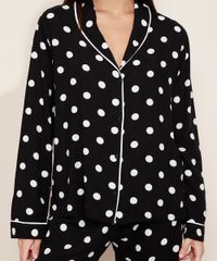 Camisa-de-Pijama-Feminina-Estampada-de-Poa-com-Vivo-Contrastante-Manga-Longa-Preta-9966952-Preto_3