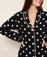 Camisa-de-Pijama-Feminina-Estampada-de-Poa-com-Vivo-Contrastante-Manga-Longa-Preta-9966952-Preto_4