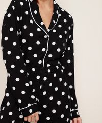 Camisa-de-Pijama-Feminina-Estampada-de-Poa-com-Vivo-Contrastante-Manga-Longa-Preta-9966952-Preto_5