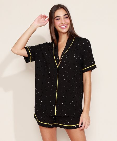 Pijama-Feminino-Camisa-Estampado-Mini-Print-de-Triangulos-com-Vivo-Contrastante-Manga-Curta-Preto-1-9970114-Preto_1_1