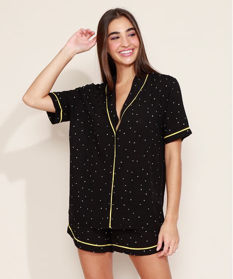 Pijama-Feminino-Camisa-Estampado-Mini-Print-de-Triangulos-com-Vivo-Contrastante-Manga-Curta-Preto-1-9970114-Preto_1_1