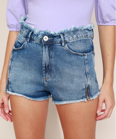 Short-Jeans-Feminino-Cintura-Alta-Lateral-Curta-Marmorizado-com-Ziper-e-Cos-Desfiado-Azul-Medio-9972421-Azul_Medio_1