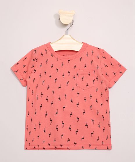 Camiseta-Infantil-Estampada-Flamingos-Manga-Curta-com-Bolso-Coral-9965799-Coral_1