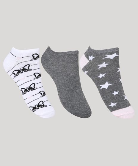 Kit-de-3-Meias-Femininas-Cano-Baixo-Estampada-Cachorrinhos-Cinza-Mescla-9971709-Cinza_Mescla_1