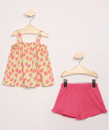 Conjunto-Infantil-de-Regata-Estampada-de-Abacaxis-Amarela---Short-com-Babados-Pink-9966919-Pink_1