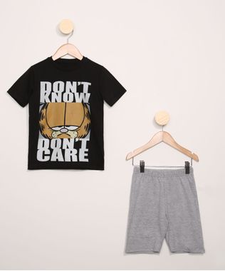 Conjunto-Infantil-de-Camiseta-Garfield-Manga-Curta-Preta---Bermuda-de-Moletom-Cinza-Mescla-9968184-Cinza_Mescla_1