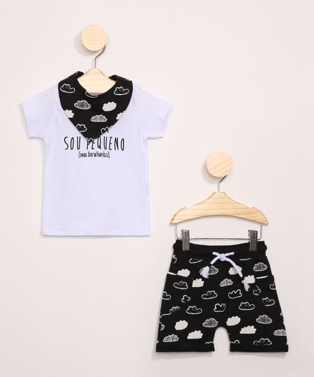 Conjunto-Infantil-de-Camiseta--Sou-Pequeno-Mais-Barulhento--Manga-Curta---Bermuda-de-Moletom---Babador-Bandana-Estampado-Nuvens-Preto-9968248-Preto_1