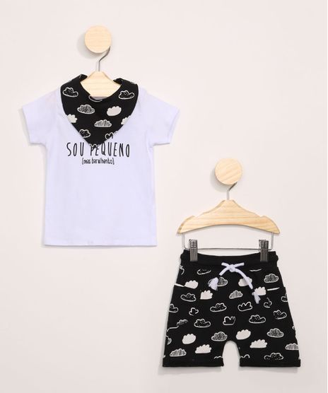 Conjunto-Infantil-de-Camiseta--Sou-Pequeno-Mais-Barulhento--Manga-Curta---Bermuda-de-Moletom---Babador-Bandana-Estampado-Nuvens-Preto-9968248-Preto_1