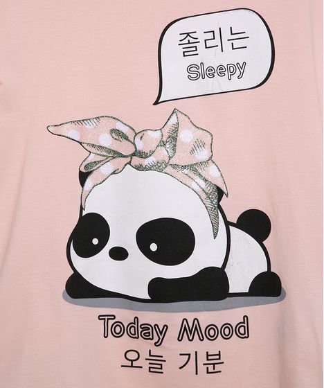 Blusa Juvenil Panda Com Glitter Manga Curta Rosa Cea