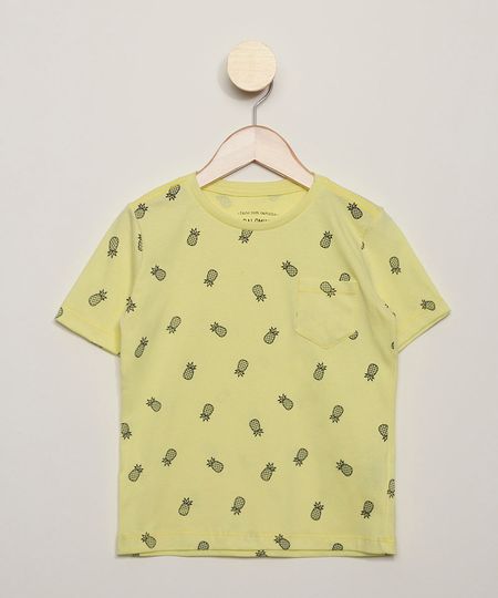 Camiseta-Infantil-Estampado-de-Abacaxis-com-Bolso-Manga-Curta-Amarelo-9970012-Amarelo_1
