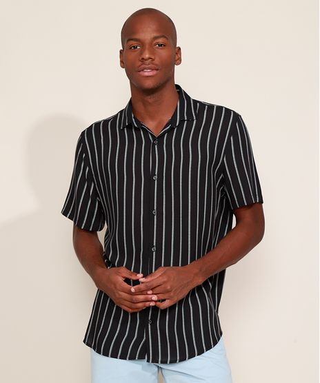 Camisa-Masculina-Relaxed-Listrada-Manga-Curta-Preta-9969323-Preto_1