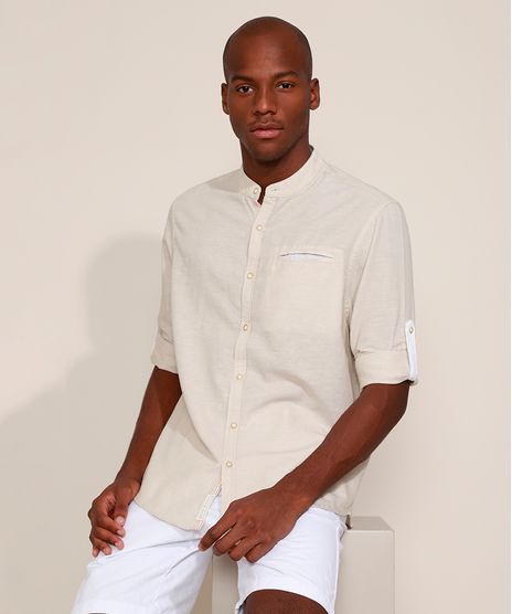 Camisa-Masculina-Comfort-com-Linho-e-Bolso-Manga-Longa-Gola-Padre-Kaki-9645929-Kaki_1